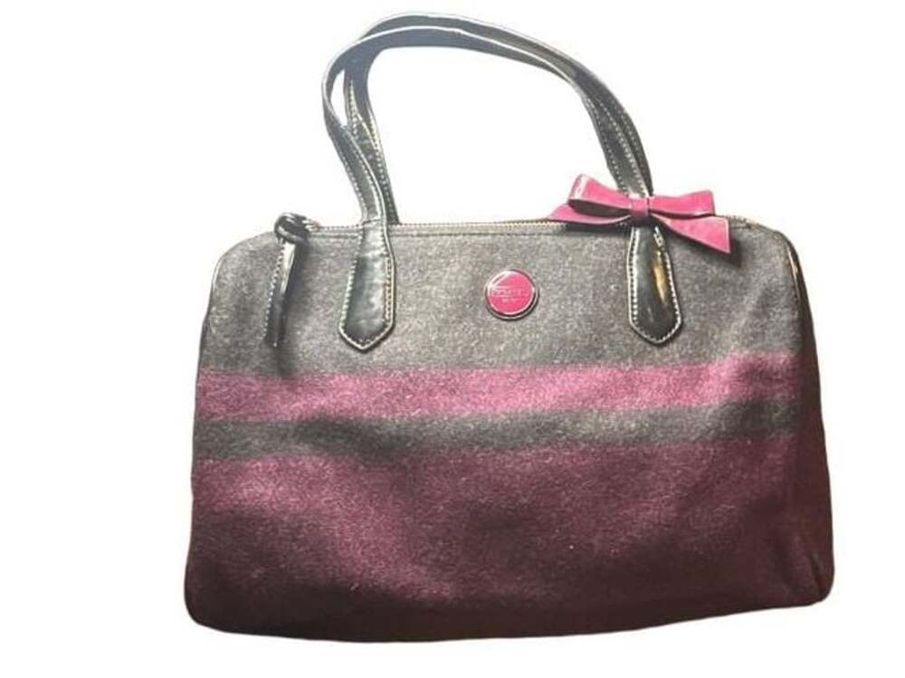 Coach Signature Stripe Wool Satchel Gray Purple Bow